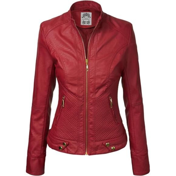Womens Faux Leather Zip Up Jacket Red - Picture 2 of 6